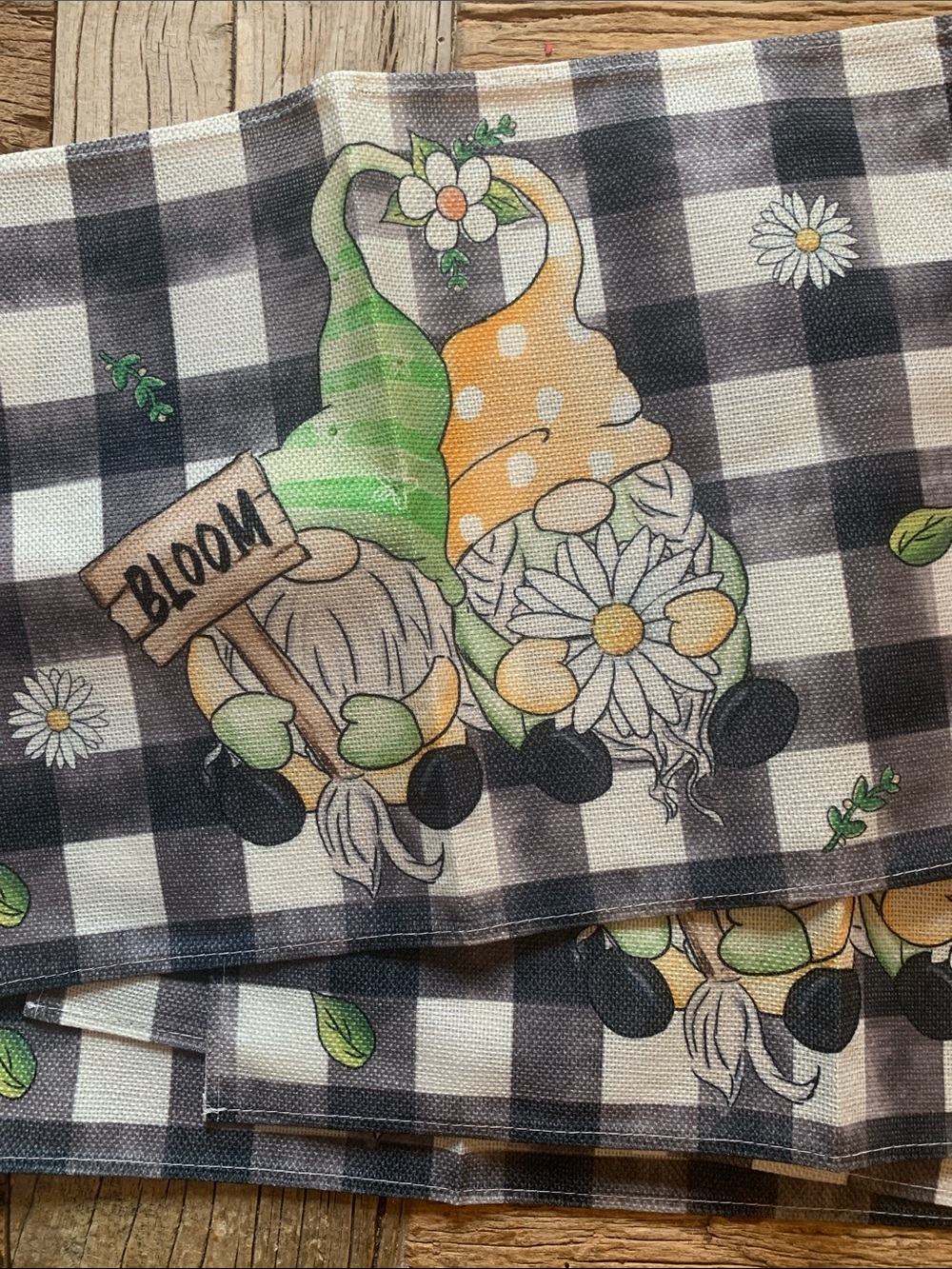 Four Black & White Gingham Placemats with Floral Gnome Print NEW Picnic